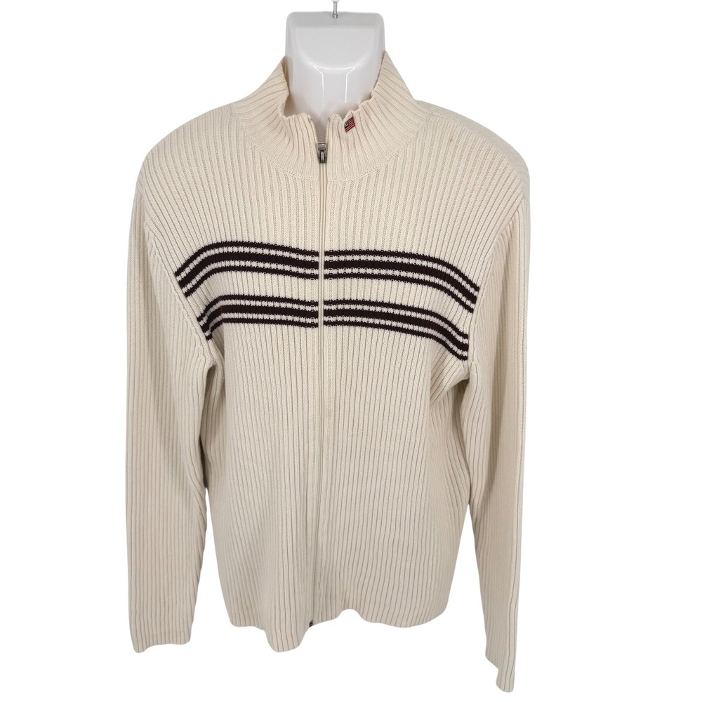 Polo Jeans Co R L Cream Striped Full Zip Ribbed Knit Sweater XL Mock Neck Vtg‎